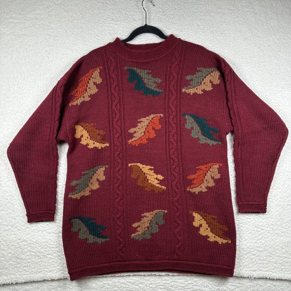 Vintage Eddie Bauer Sweater Mens Wool Blend Leaf Intarsia L Burgundy Fall Cabin